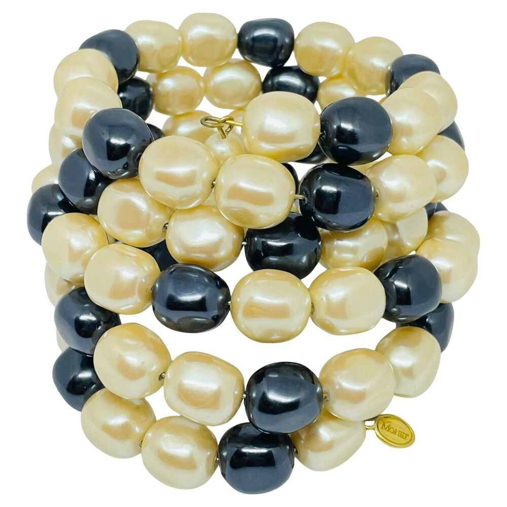 MONET signed cream grey glass pearl designer wrap beaded bracelet